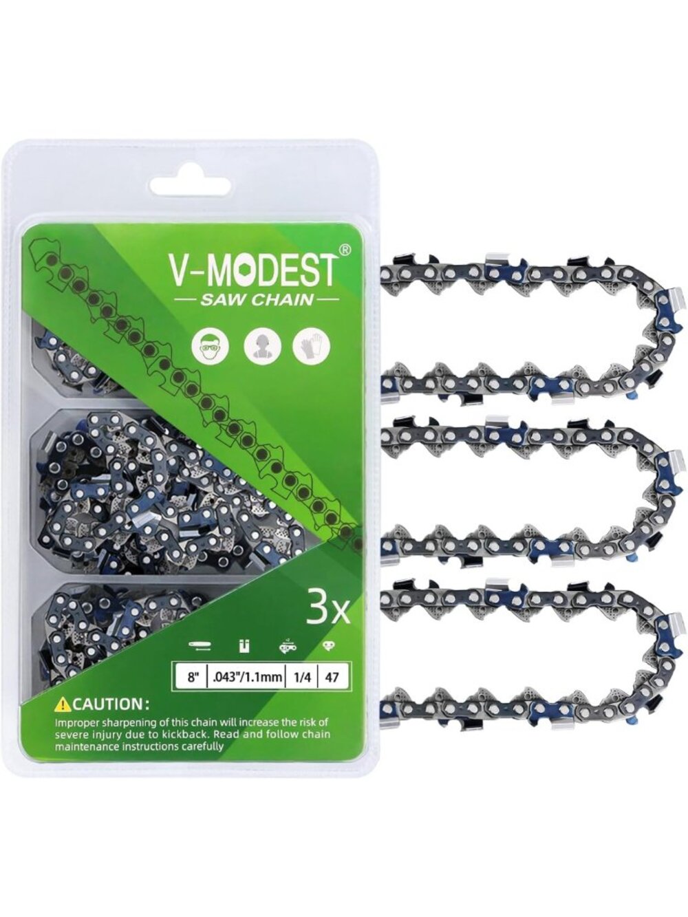 8-Inch Chainsaw Chain 3-Pack, 1/4" Pitch, 47 Drive Links, .043" Gauge - Durable